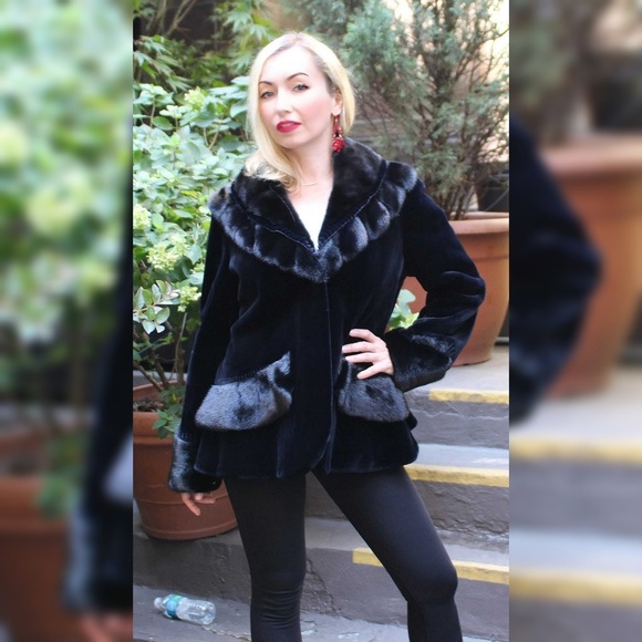Black Sheared Mink Jacket Mink Trim - Picture 2 of 2